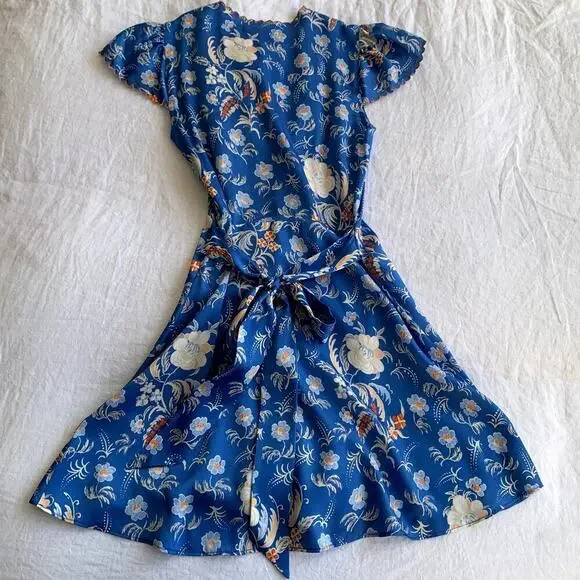 Doen Dianne Silk V Neck Puff Short Sleeve Mini Dress Blue Azure Hollyhock Hills - Picture 12 of 16